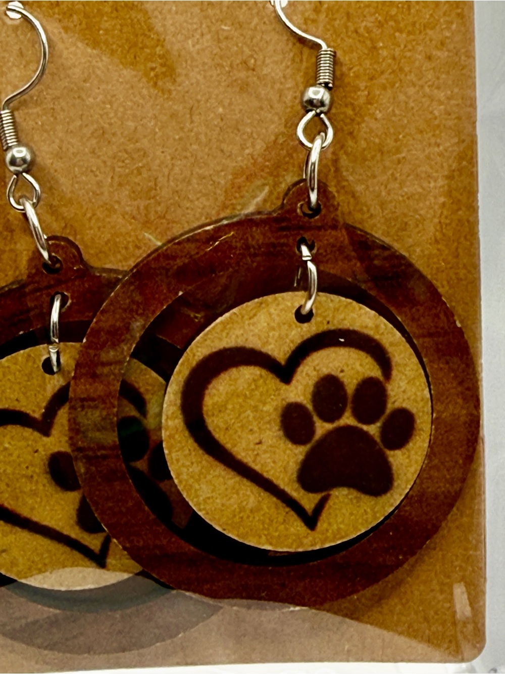 Wooden Paw Heart Earrings - Brown and Tan Pet Lover Jewelry - Picture 2 of 2